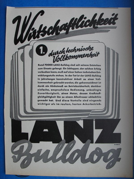 Lanz Bulldog, Technische Vollkommenheit, Inserat 1940/2