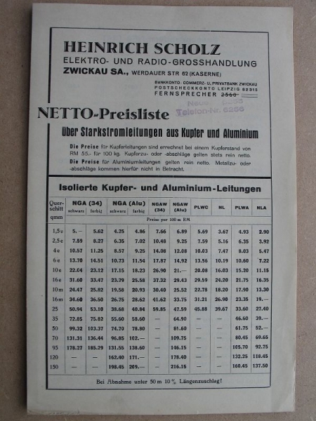 Heinrich Scholz Zwickau, Preisliste 30-er Jahre