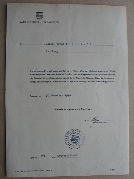 Schreiben Landesregierung Sachsen 1948, Zwickau, Enteignung