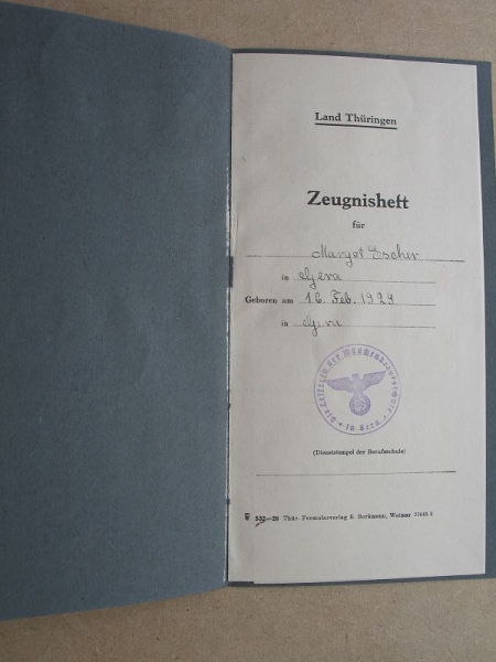 Zeugnisheft Land Thüringen, 1943/ 44, Mädchenberufsschule Gera