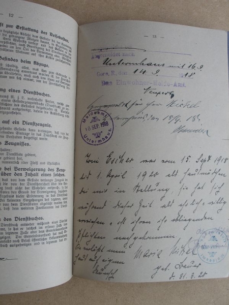 Gesindezeugnis- Buch, Dienstbuch, Gera- Reuss, 1918