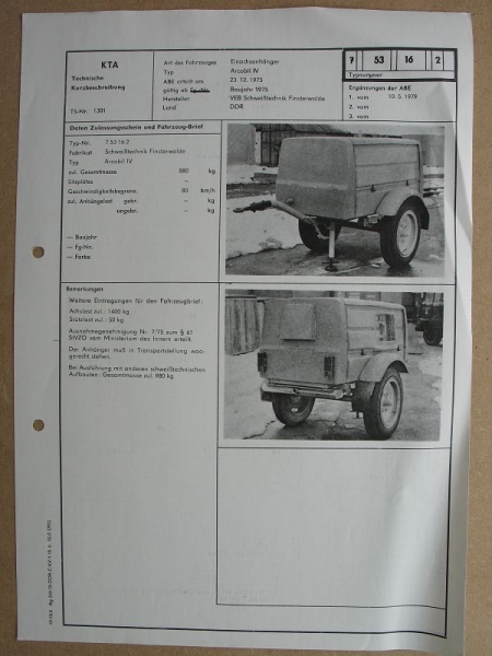 Einachsanhänger Arcobil IV, 1975, VEB Schweißtechnik Finsterwalde