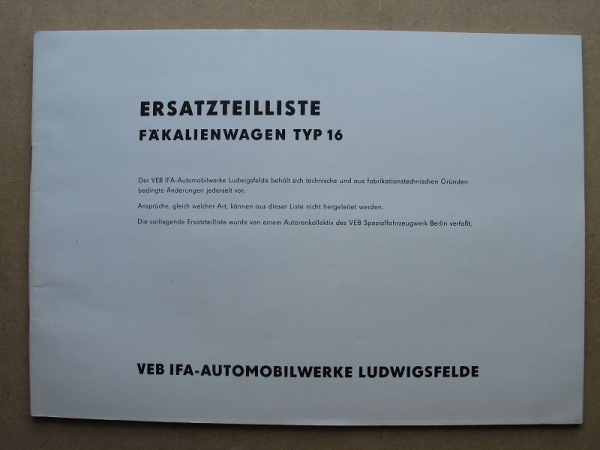 Ersatzteilliste Fäkalienwagen, IFA W50, 1976