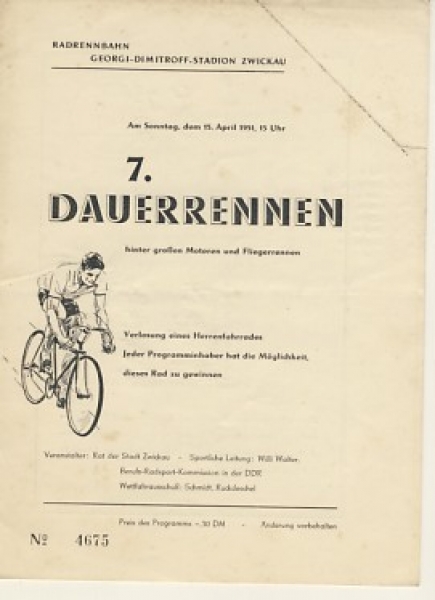 Programm Radrennen Zwickau, 1951, 7. Dauerrennen