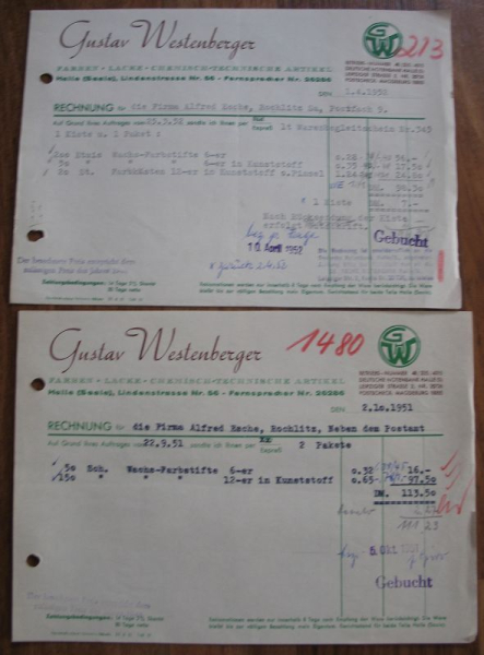 Gustav Westenberger Halle, 2 Rechnungen 1951/ 52, #kr20