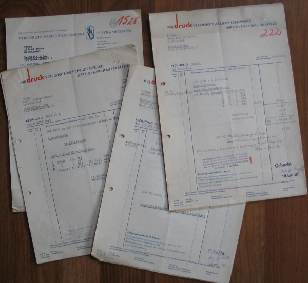 VVB druck, Abziehbilderwerke Leipzig, Nerchau, Saalfeld, 8 Rechnungen 1951/ 52, #kr17