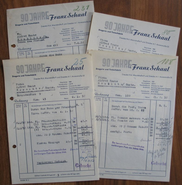 Franz Schaal Drogerie und Tintenfabrik Dresden, 4 Rechnungen 1952, #kr14