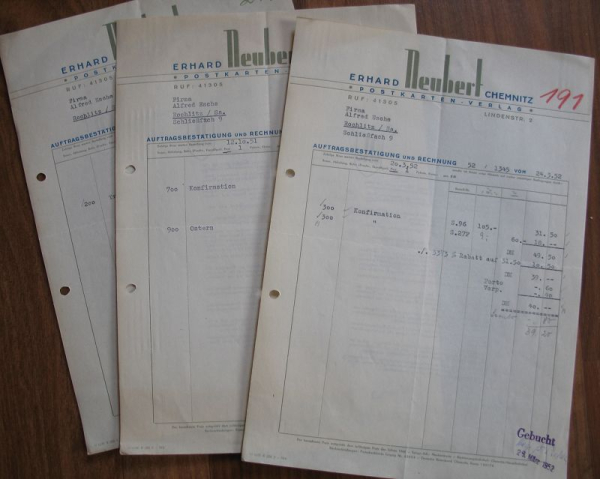 Erhard Neubert Postkartenverlag Chemnitz, 3 Rechnungen 1952, #kr12