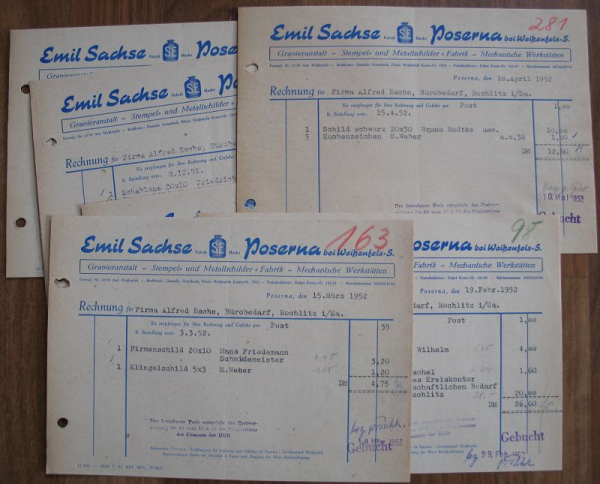 Emil Sachse Poserna bei Weißenfels, 7 Rechnungen 1951/ 52, #kr11
