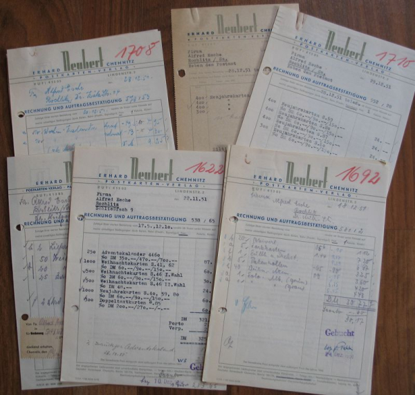 Erhard Neubert Postkartenverlag Chemnitz, 10 Rechnungen 1951/ 53, #kr10