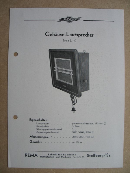 Prospekt Gehäuse- Lautsprecher Type L 10, REMA, 50-er Jahre