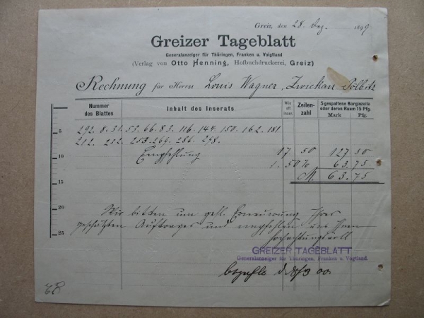 Rechnung Greizer Tageblatt, Verlag Otto Henning, 1899