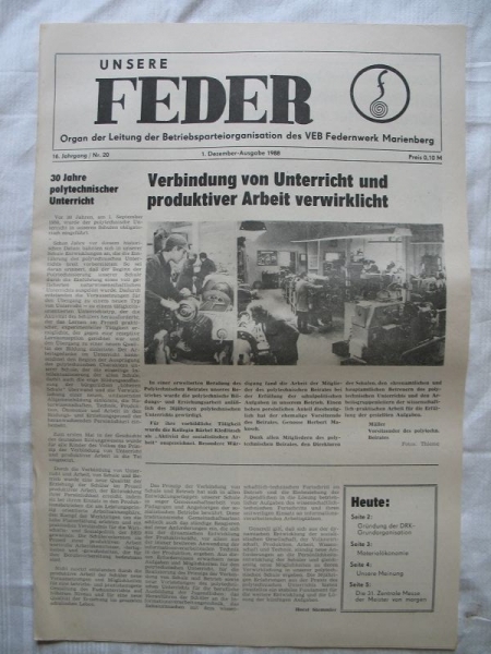 UNSERE FEDER, Nr. 20, 1988, VEB Federnwerk Marienberg