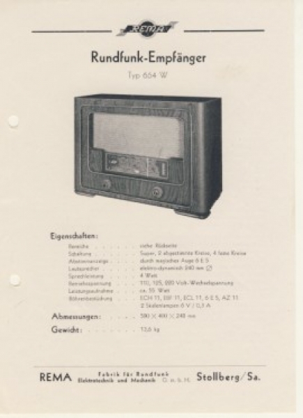 Rundfunk- Empfänger REMA Typ 664 W, um 1950