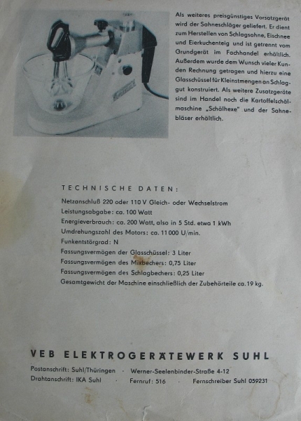 Prospekt/ Infoblatt DDR Küchenmaschine KOMET KM4, KM 4, DDR 1961