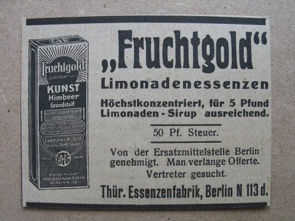 Fruchtgold Limonadenessenzen, Thür. Essenzenfabrik Berlin, 1919