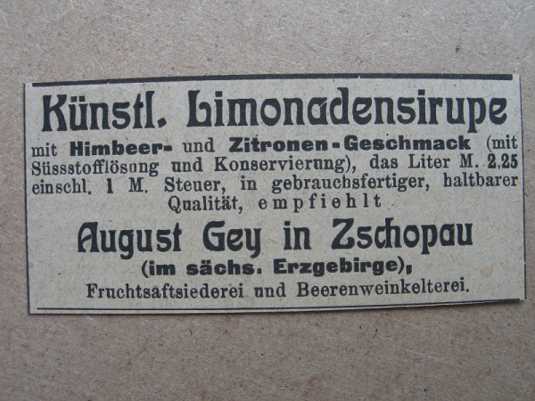 Künstliche Limonadensirupe, August Gey Zschopau, 1919