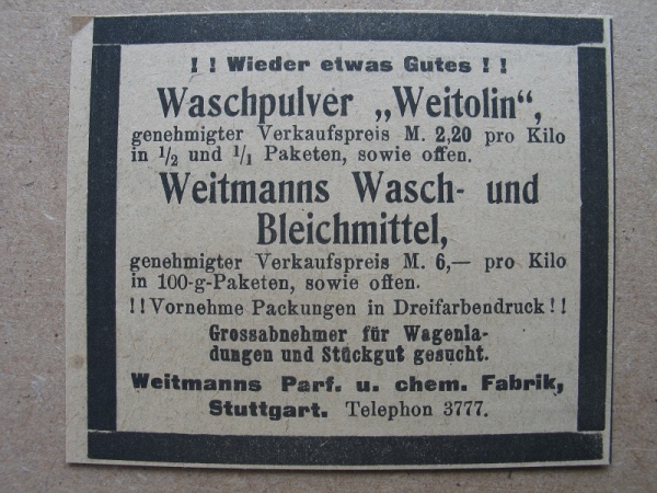 Weitolin, Waschpulver, Bleichmittel, Weitmanns Parf. u. Chemische Fabrik Stuttgart, 1919
