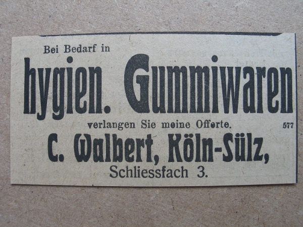 Hygienische Gummiwaren, C. Walbert Köln- Sülz, 1919