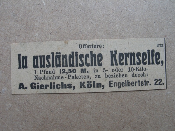 Kernseife, A. Gierlichs Köln, 1919