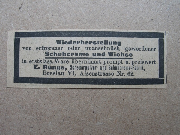 E. Runge Breslau, Scheuerpulver- und Schuhcreme- Fabrik, 1919