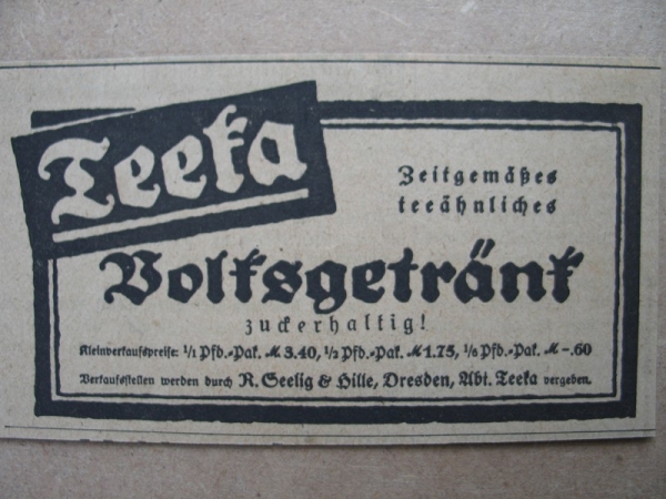 Teeka Volksgetränk, Seelig & Hille Dresden, 1919