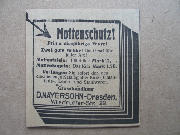 Mottenschutz, Mottentafeln, Mottenkugeln, D. Mayersohn Dresden, 1919