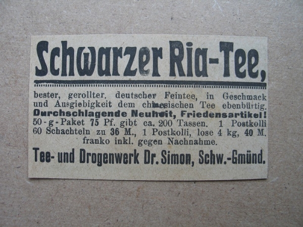 Schwarzer Ria- Tee, Tee-und Drogenwerk Dr. Simon Schwäbisch- Gmünd, 1919