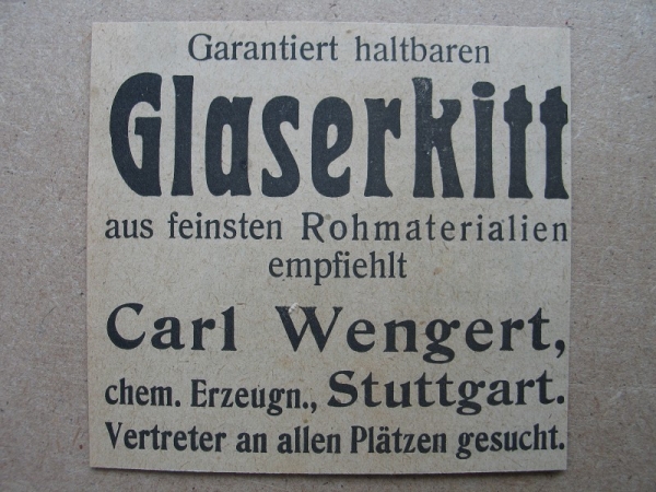 Glaserkitt, Carl Wengert Stuttgart, 1919