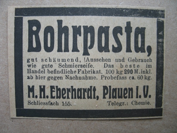 Bohrpasta, M.H. Eberhardt Plauen, 1919