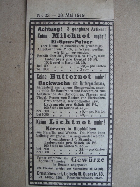 Kerzen, Backwachs, Ei- Spar- Pulver, Ernst Siewert Leipzig, 1919