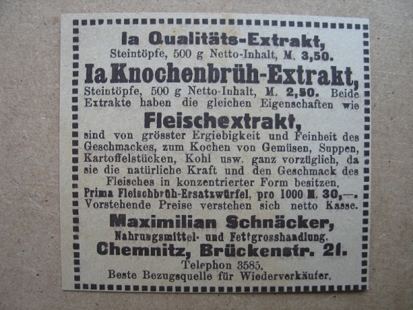 Nahrungsmittel-und Fettgroßhandlung Maximilian Schnäcker Chemnitz, 1919