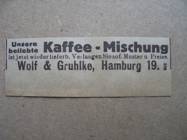 Kaffee- Mischung, Wolf & Gruhlke Hamburg, 1919