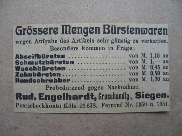 Bürstenwaren, Rudolf Engelhardt Siegen, 1919