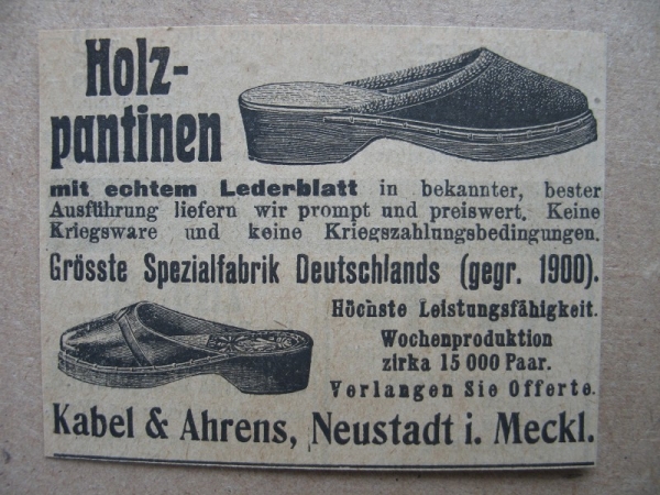Holzpantinen, Kabel & Ahrens Neustadt i. Meckl., 1919