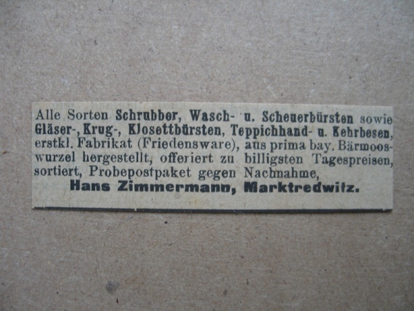 Bürsten, Hans Zimmermann Marktredwitz, 1919