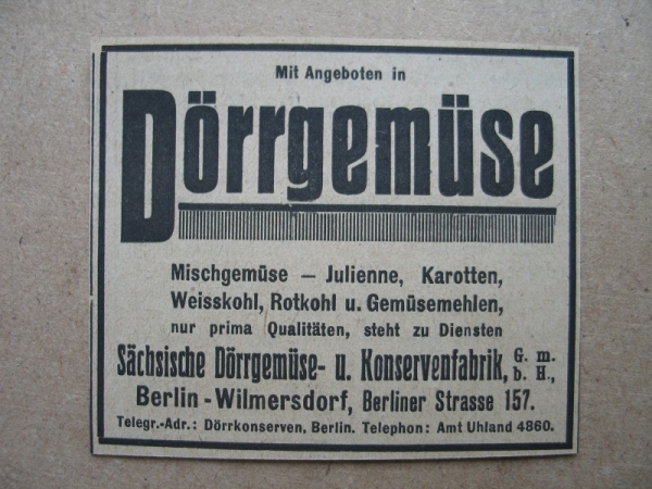 Sächsische Dörrgemüse- und Konservenfabrik Berlin Wilmersdorf, 1919