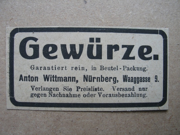 Gewürze, Anton Wittmann Nürnberg, 1919