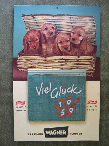 Kalender Modehaus Wagner Kempten, 1959 (Reischmann), Bleyle, Dackel