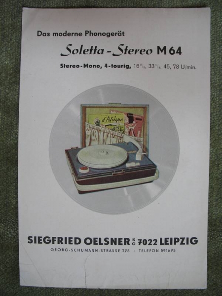 Prospekt Phonogerät SOLETTA- Stereo M64, Siegfried Oelsner Leipzig, 1965