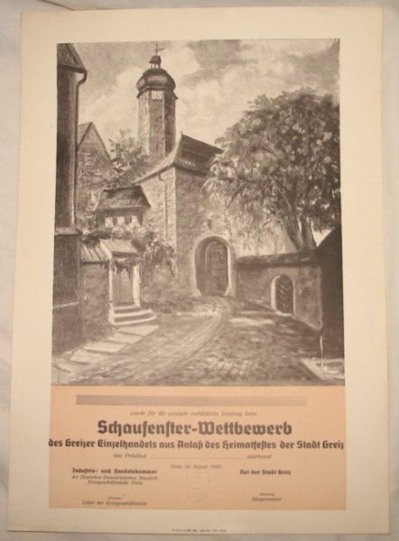 Urkunde "Schaufenster- Wettbewerb", Heimatfest Greiz 1955