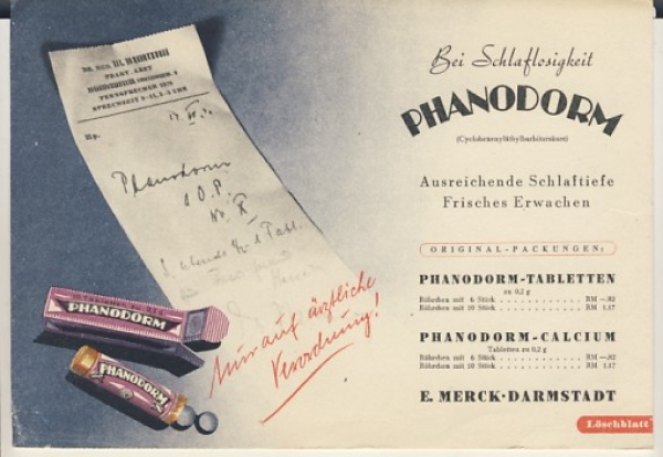 Phanodorm Tabletten, Löschblatt, Reklame, Bei Schlaflosigkeit, 30-er Jahre