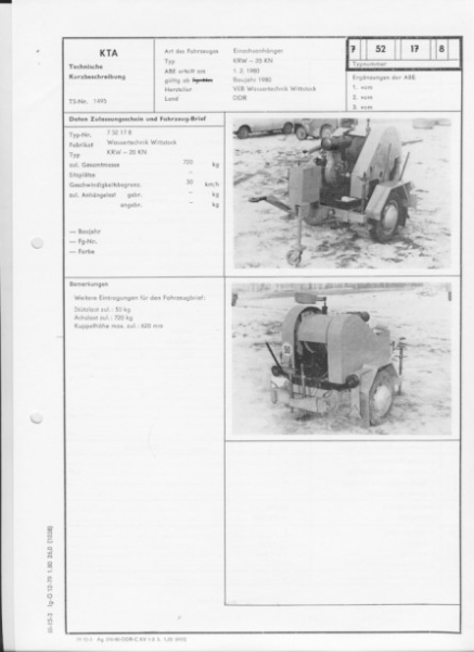 Einachsanhänger KRW- 20 KN, VEB Wassertechnik Wittstock, 1980