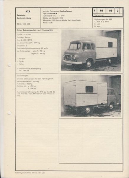 BARKAS B 1000 FR/IK, ab 1976, VEB Barkas- Werke Karl-Marx-Stadt