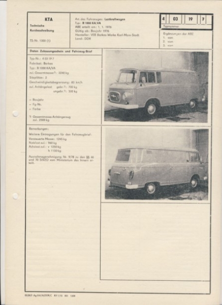 BARKAS B 1000 KA/VA, ab 1976, VEB Barkas- Werke Karl-Marx-Stadt
