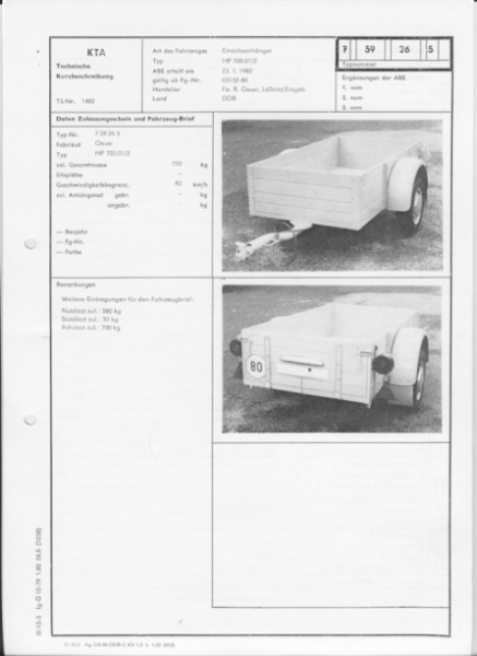 PKW- Anhänger HP 700.01/2, ab FG- Nr. 03152-80, Oeser Lößnitz, 1980