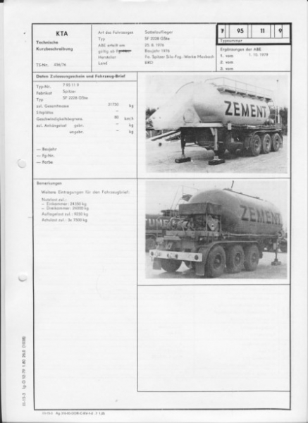 Sattelauflieger Zementsilo Spitzer Mosbach SF 2228 GSte, 1976
