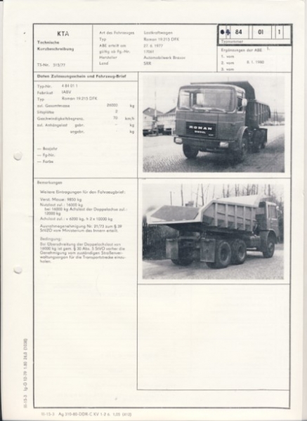 Muldenkipper ROMAN 19.215 DFK, ab Fg.-Nr. 17061, Automobilwerk Brasov Rumänien, 1977