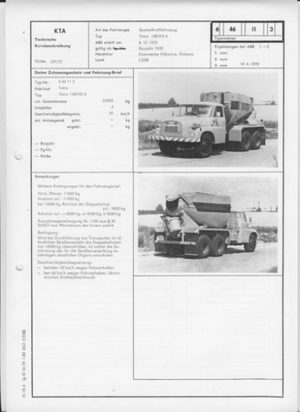 Tatra 148/ VD6, ab 1972, KTA Typenblatt, DDR, Betonmischwanne