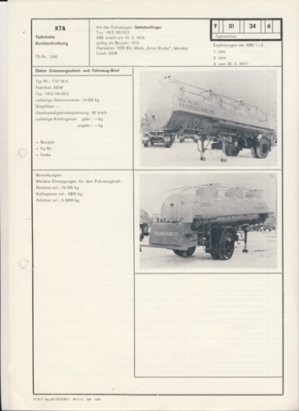 Sattelauflieger HLS 100.45/2, ab 1974, VEB Kfz.- Werk "Ernst Grube" Werdau